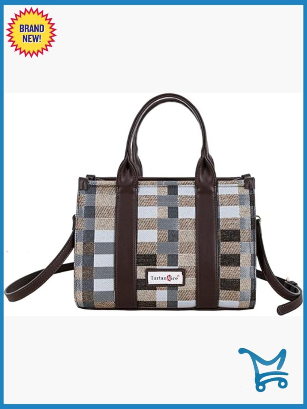 Plaid Leather Satchel Tote with Adjustable Strap for Work Travel